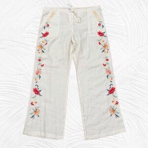 Johnny Was JW Linen Pants Wide Leg Embroidered Size Large Ivory Floral Resort